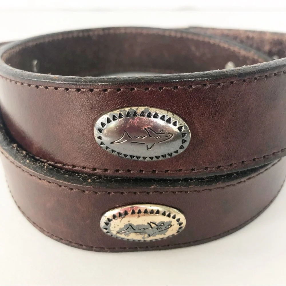 Greg Norman Leather Belt with Silver Toned Medallions Engraved Logo Brown 🟤⚪️